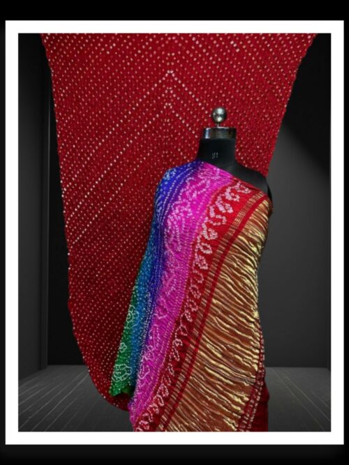 Pure Gaji Silk Mutli Color Bandhani Saree Red