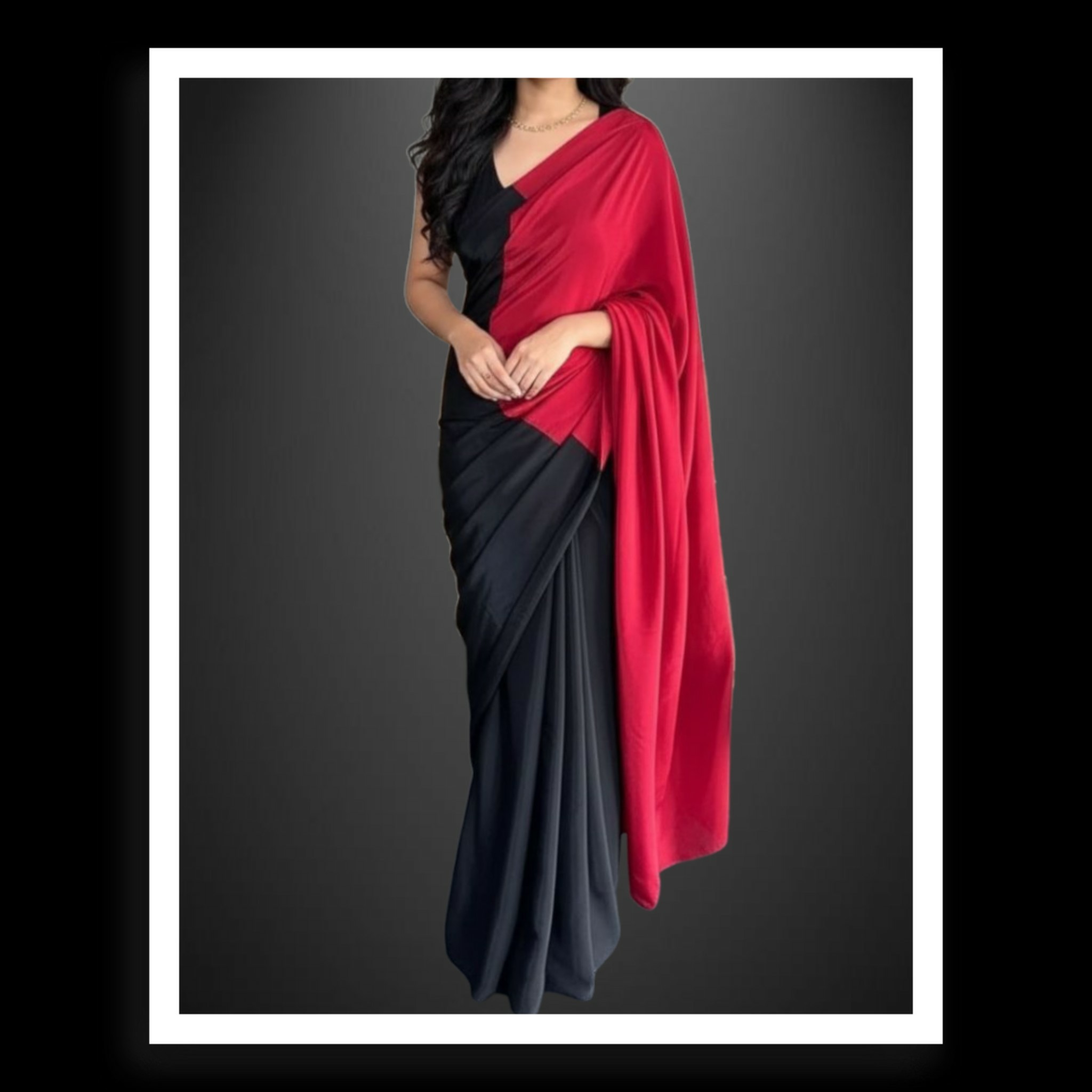 Red Black Pure Modal Silk Plain Saree - Image 2