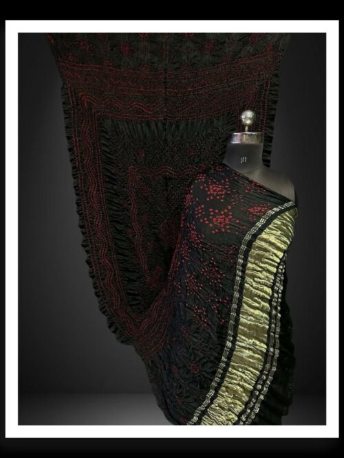 Black Pure Gaji Silk Dupatta With Red Bandhani