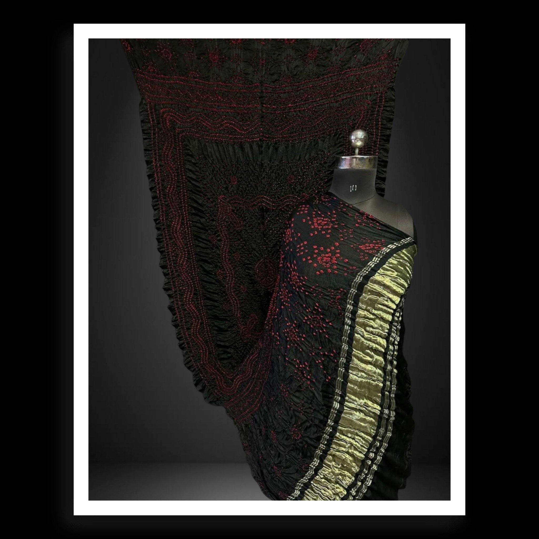 Black Pure Gaji Silk Dupatta With Red Bandhani