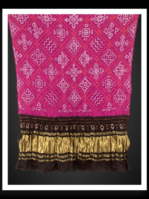 Bavan Barg Rai Bandhani Dupatta Pure Gaji Silk | Rani Pink & Black