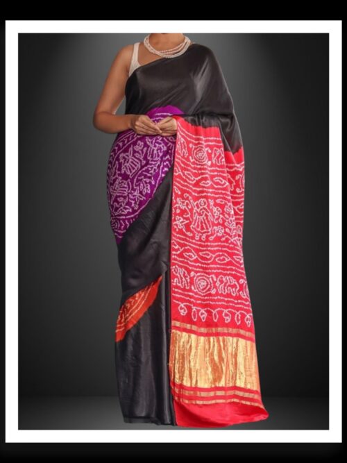 Pure Gaji Silk Ras Mandal Rai Bandhani Saree - Black & Red