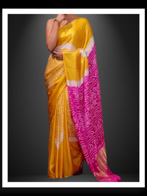 Pure Gaji Silk Ras Mandal Rai Bandhani Saree - Yellow & Pink