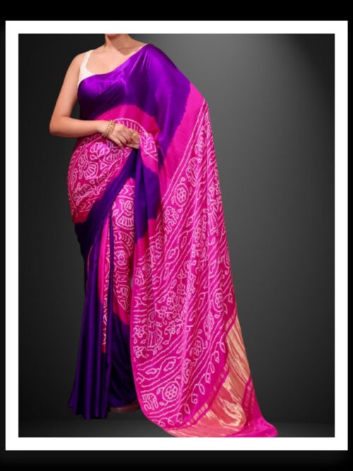 Pure Gaji Silk Ras Mandal Rai Bandhani Saree -Purple & Pink