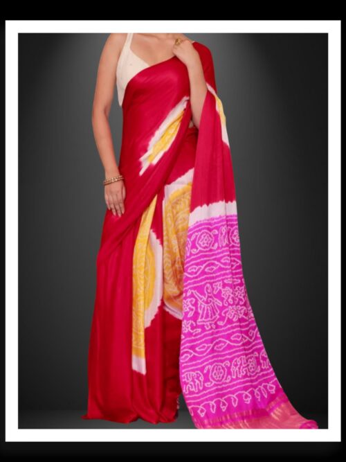 Pure Gaji Silk Ras Mandal Rai Bandhani Saree - Traditional Red , Pink & Yellow