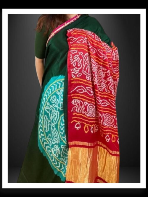 Green & Red Ras Mandal Rai Bandhani Saree Pure Gaji Silk With Zari Pallu