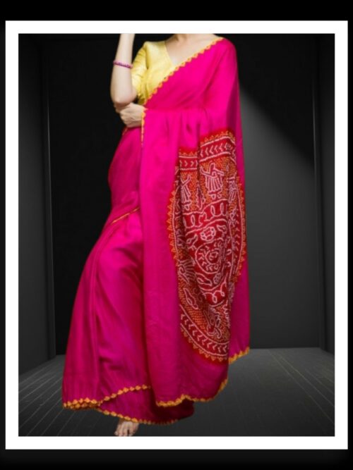 Ras Mandal Bandhani Saree in Pure Gaji Silk | Pink & Red