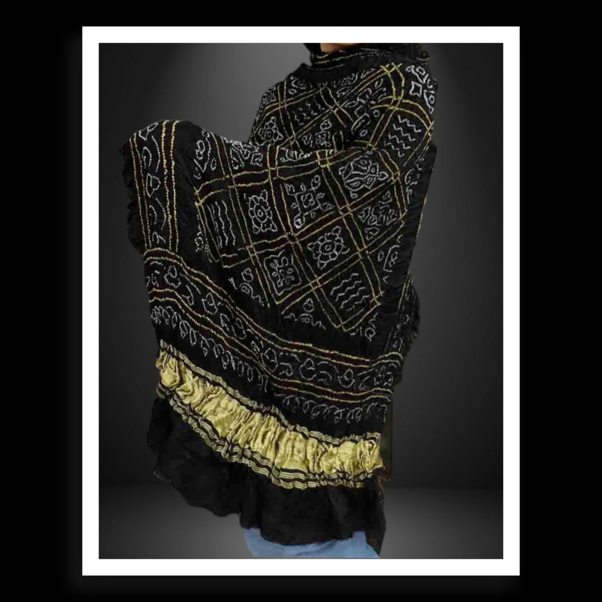 Pure Gaji Silk Bavan Barg Bandhani Dupatta Black With Lagdi Patto - Image 2