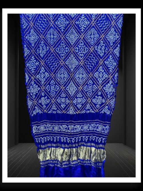 Pure Gaji Silk Bavan Barg Bandhani Dupatta Blue With Gold Zari Patto