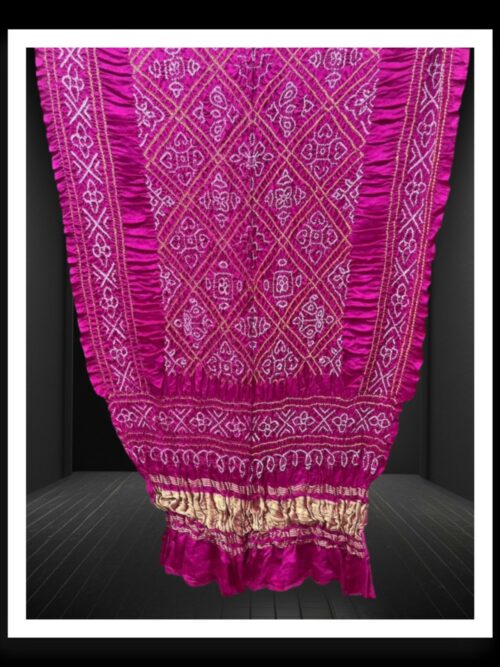 Pure Gaji Silk Bavan Barg Bandhani Dupatta Pink With Gold Zari Patto