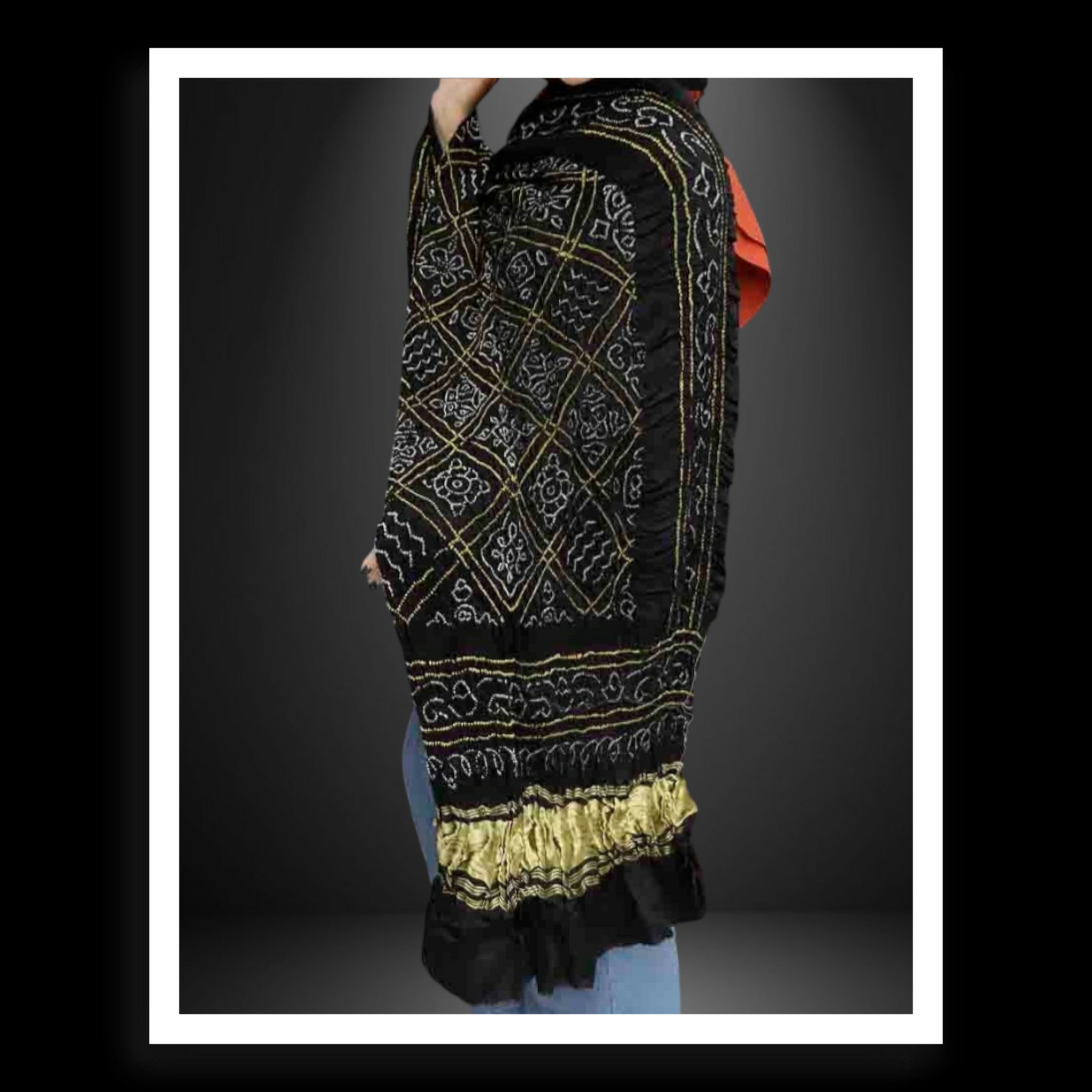 Pure Gaji Silk Bavan Barg Bandhani Dupatta Black With Lagdi Patto
